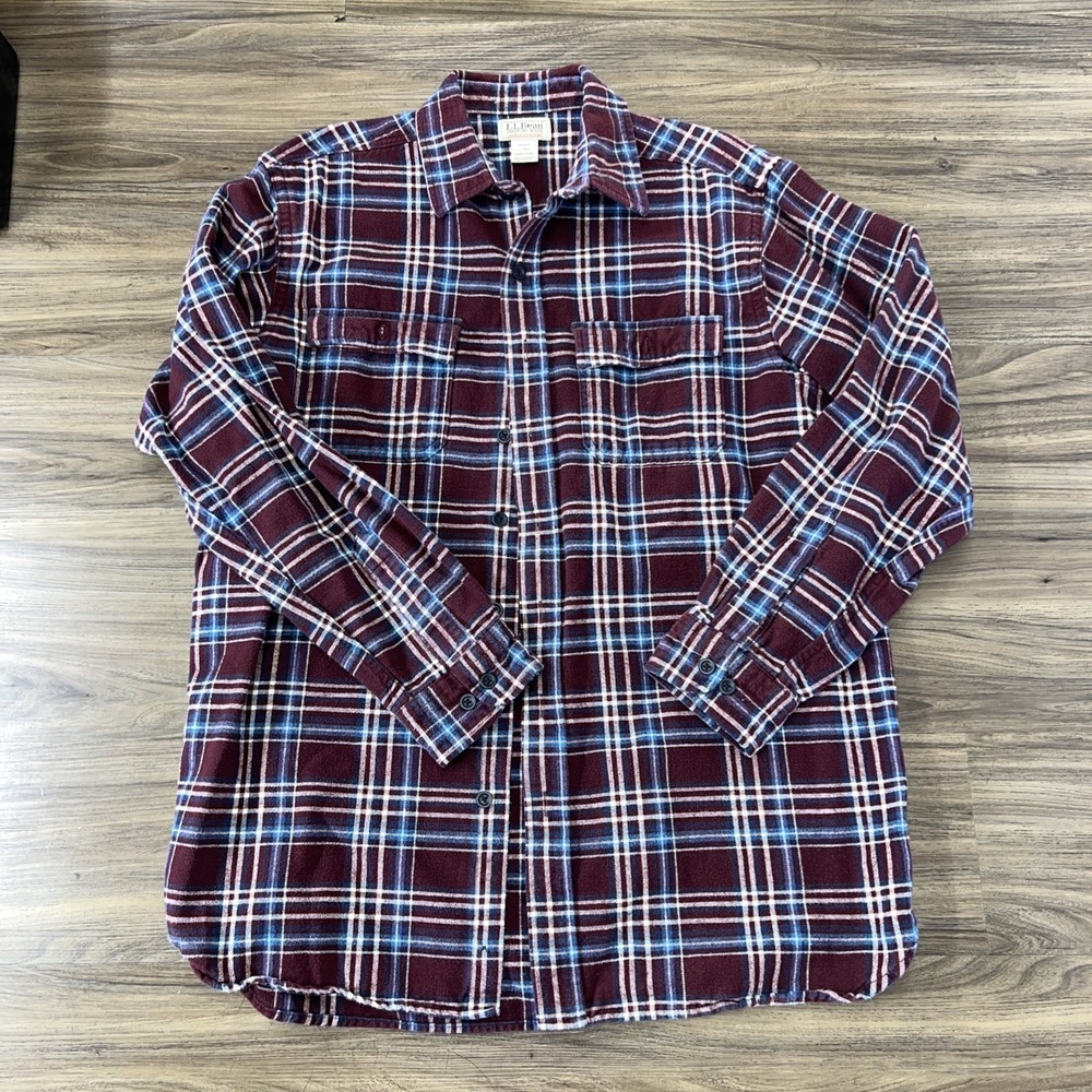L.L. Bean Traditional Button Up Flannel Shirt Men's Sz L Tall Burgundy/Blue